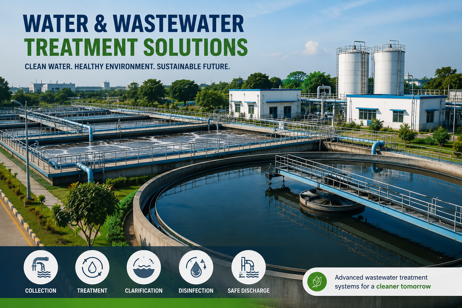 Water treatment plant — intake, clarification, filtration, storage and distribution